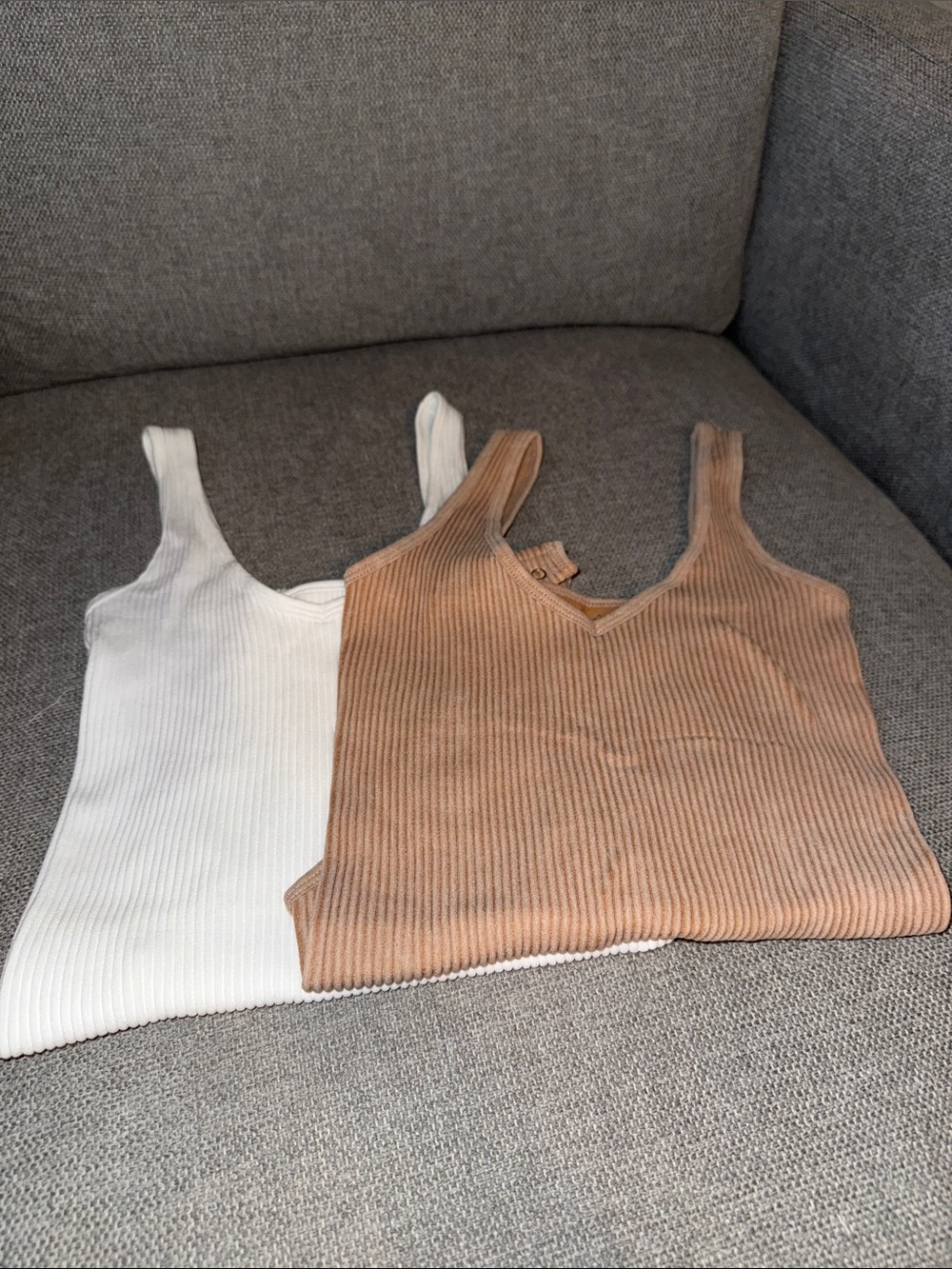 XXS/XS Aura Ribbed V-Neck Bodysuit Duo in White and Camel